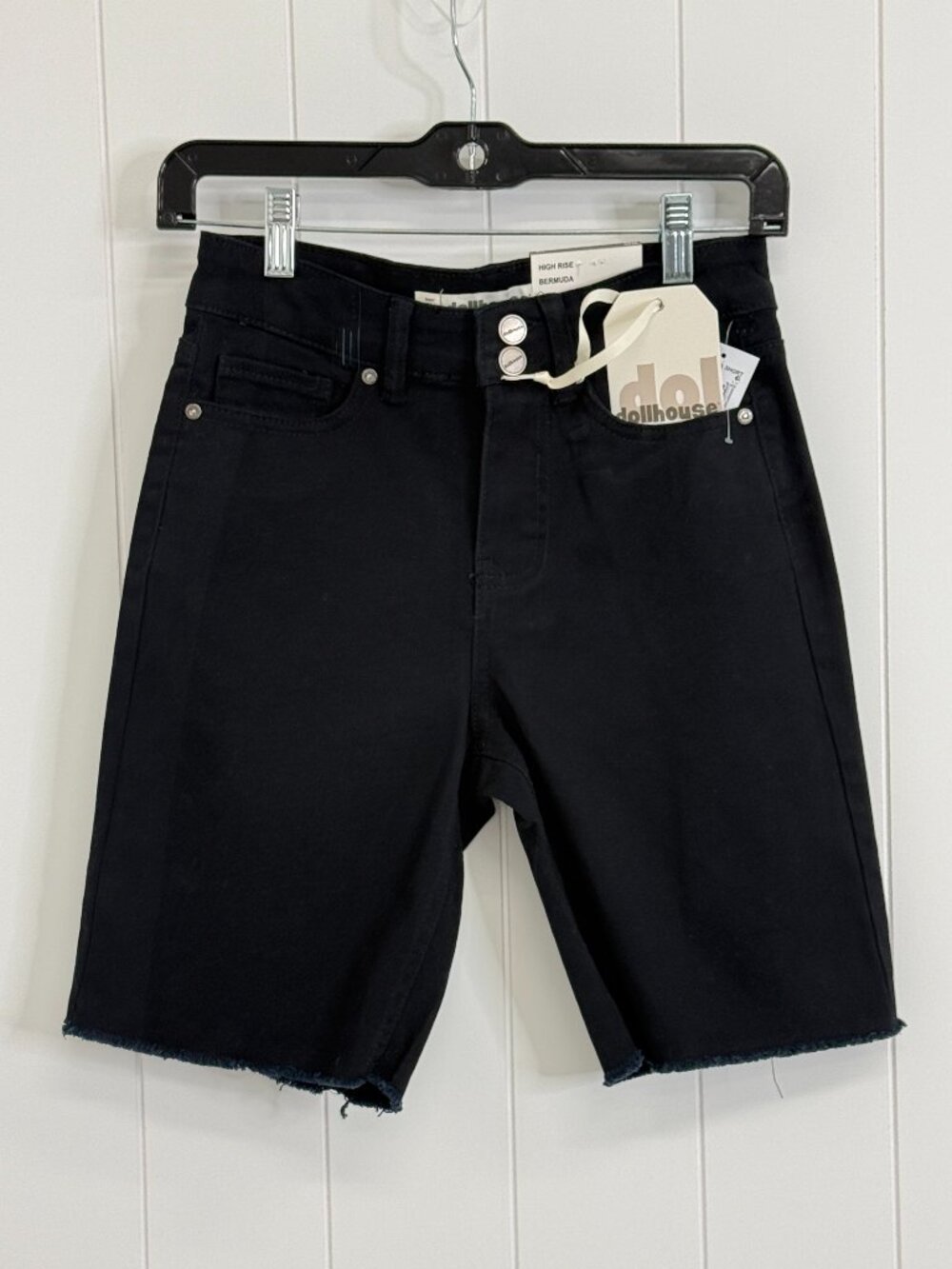 Dollhouse Juniors High Rise Black Bermuda Denim Shorts Raw Hem NWT Size 25